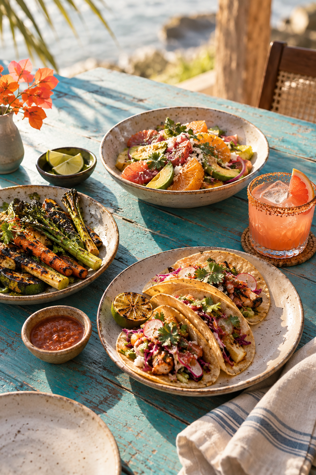 Tacos, citrus salad and a paloma on a sunlit table